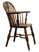 Early 19th century yew and elm low back Windsor armchair, pierced splat and stick back,