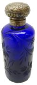 Bristol blue etched glass scent bottle with embossed silver top, by K.