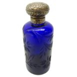 Bristol blue etched glass scent bottle with embossed silver top, by K.