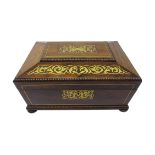 Victorian rosewood Sarcophagus shaped sewing box with scrolled brass inlay,