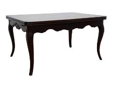 French walnut extending dining table, draw leaf top with burr walnut panels,