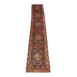 Persian Hamadan runner rug, blue ground field with five medallions,