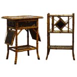 Victorian bamboo two tier needlework table with chinoiserie panelled hinged top and fall leaves on