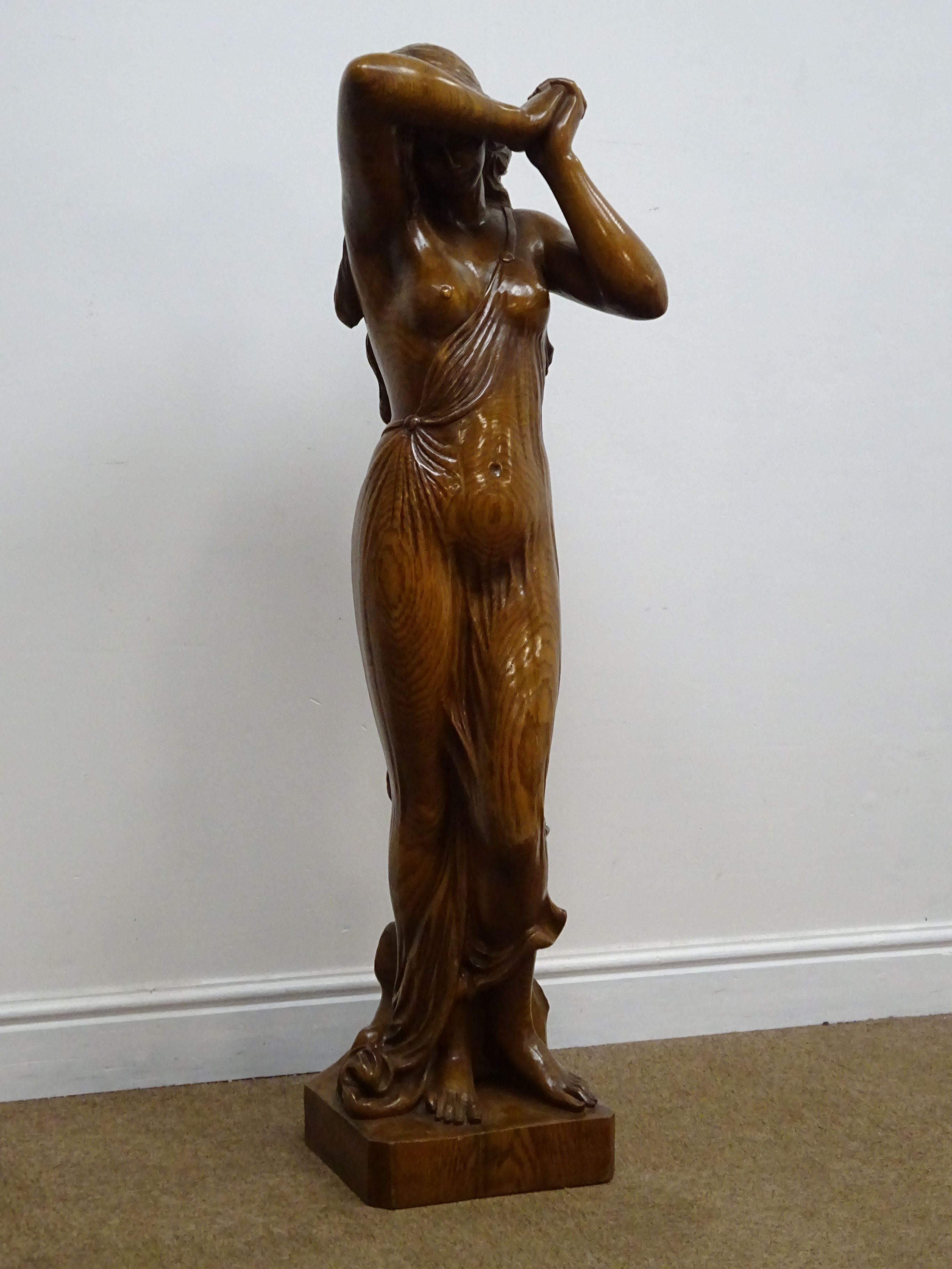 Large carved figured oak model of a diaphanously draped young woman, - Image 5 of 7