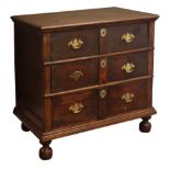 Charles II style oak chest with moulded top and three long graduated drawers on bun feet, W86cm,