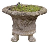 Large composite stone garden urn, bell shaped lattice moulded body with flared rim,