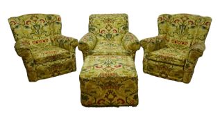 Howard style armchair (W90cm) pair of wingback armchairs and a footstool in tapestry style