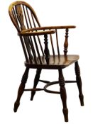 19th century yew and elm low back Windsor armchair, pierced splat and stick back,