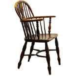 19th century yew and elm low back Windsor armchair, pierced splat and stick back,