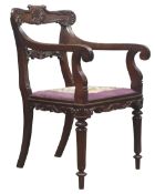 19th century Colonial padouk open armchair with paper scroll and acanthus carved top rail,