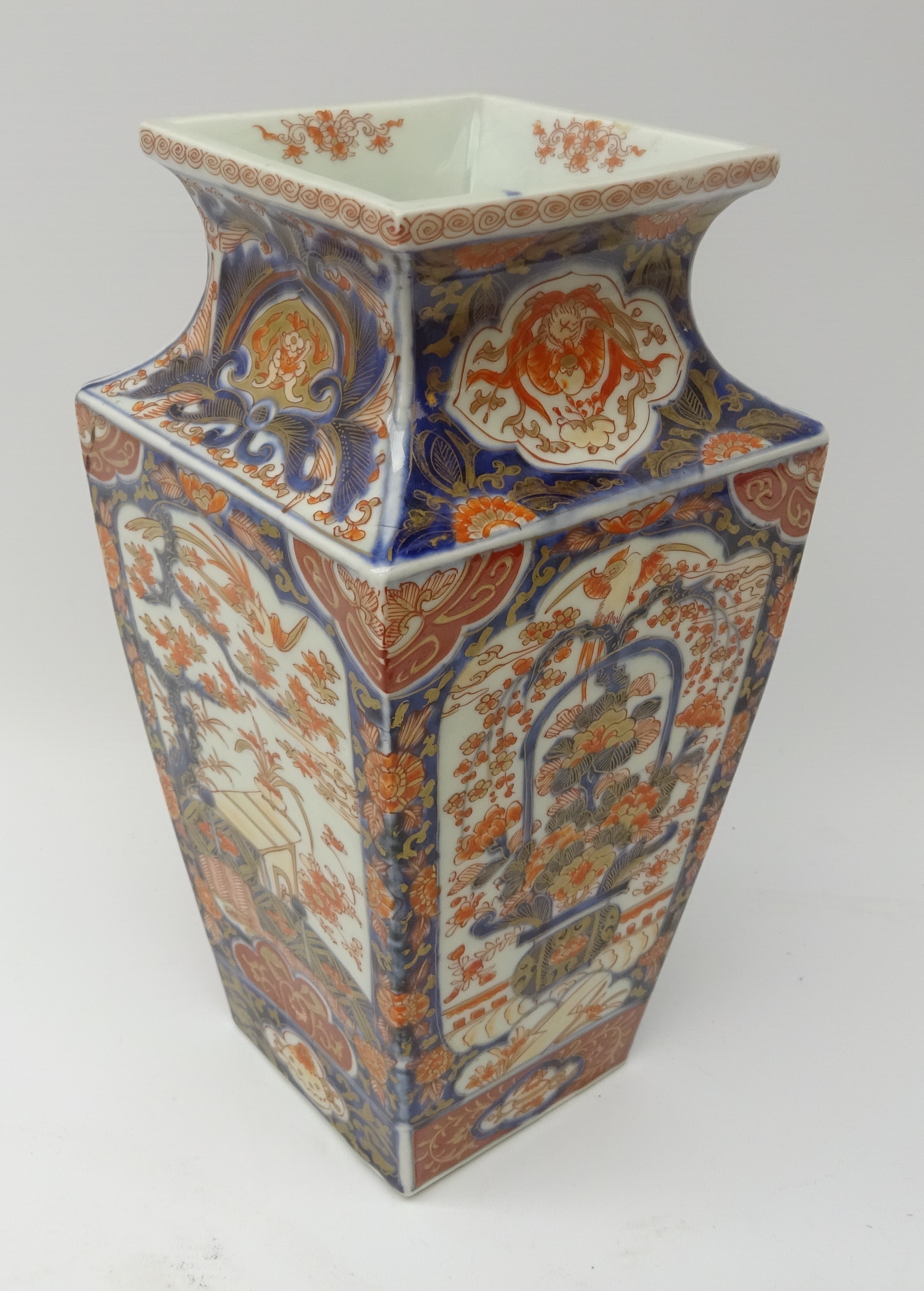 Japanese Meiji period Imari square section vase on hardwood stand, H30. - Image 3 of 5