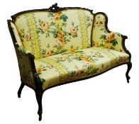 Late Victorian mahogany settee, moulded and acanthus caved frame with pierced scroll cresting,