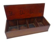 Victorian mahogany collection box with hinged thumb action lid and sectioned interior numbered 2, 3,