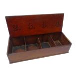 Victorian mahogany collection box with hinged thumb action lid and sectioned interior numbered 2, 3,