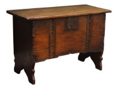 17th century style planked chest, hinged lid with incised decoration, wrought iron lock and hinge,