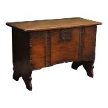 17th century style planked chest, hinged lid with incised decoration, wrought iron lock and hinge,