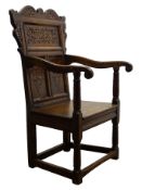 Oak Wainscot type chair, carved panel back,