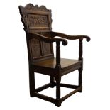 Oak Wainscot type chair, carved panel back,