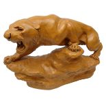 Large terracotta sculpture 'Tiger En Furie' modelled as a Tiger on rocky base after Thomas Cartier