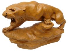 Large terracotta sculpture 'Tiger En Furie' modelled as a Tiger on rocky base after Thomas Cartier