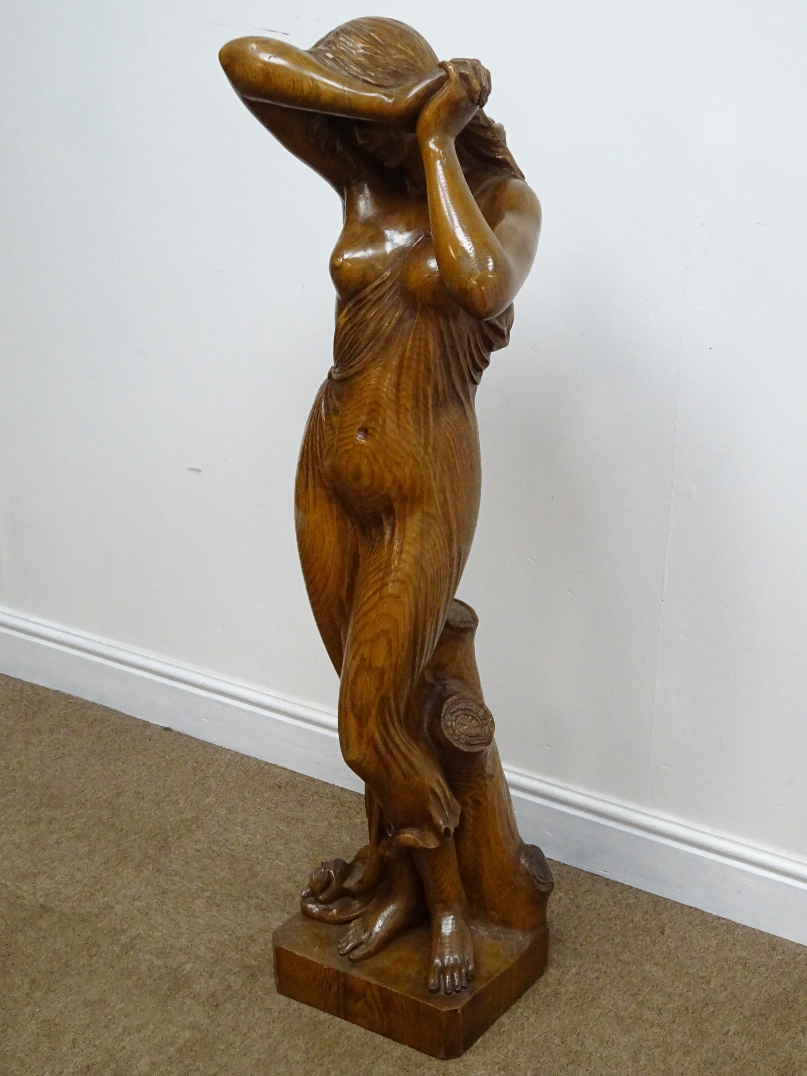 Large carved figured oak model of a diaphanously draped young woman, - Image 6 of 7