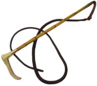 Edwardian bamboo riding crop with antler handle and gold mount engraved 'H.