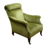 Victorian upholstered armchair, rolled pleated headrest with out swept arms on turned oak supports,