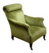 Victorian upholstered armchair, rolled pleated headrest with out swept arms on turned oak supports,