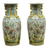 Pair large Chinese floor vases, the bodies decorated in famille vert,