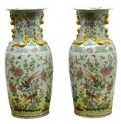 Pair large Chinese floor vases, the bodies decorated in famille vert,