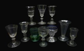 Ten 19th century drinking glasses comprising wine glass with trumpet bowl,