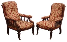 Pair of Victorian Ladies & Gentleman's open arm chairs, upholstered scrolled back and seat,