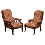 Pair of Victorian Ladies & Gentleman's open arm chairs, upholstered scrolled back and seat,