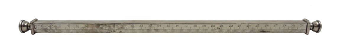 Edwardian silver square section 12'' ruler, the pull-out ends to hold pencils by Jordan & Raybould,