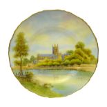 20th century Royal Worcester shaped plate, hand painted with Worcester Cathedral, signed Roberts,