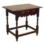 18th century oak lowboy, moulded rectangular top with single drawer and shaped apron,
