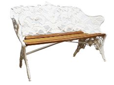 Coalbrookdale style cast metal fern pattern bench, hardwood slatted seat, white painted finish,