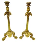 Pair 19th century gilt brass candlesticks, cast with hounds,