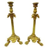 Pair 19th century gilt brass candlesticks, cast with hounds,