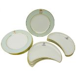 Set of six Royal Worcester Vitreous kidney shaped dishes printed with Family Crest and Motto