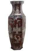 Large Japanese Lacquer style floor vase of hexagonal form with mother-of-pearl panelled decoration,