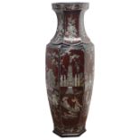 Large Japanese Lacquer style floor vase of hexagonal form with mother-of-pearl panelled decoration,