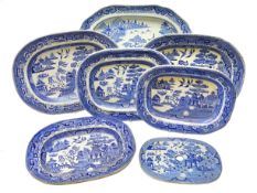 Six 19th century blue and white transfer printed Willow pattern meat plates,