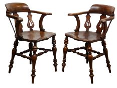 Pair 19th century captains chairs, pierced fiddle spat back, turned supports and stretchers,