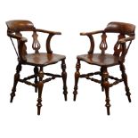 Pair 19th century captains chairs, pierced fiddle spat back, turned supports and stretchers,