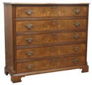 Craftsman made quality reproduction inlaid figured walnut chest, five long soft close drawers,