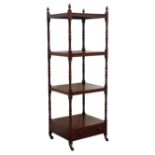 Early 19th century mahogany what-not, four tiers on turned supports with finials,