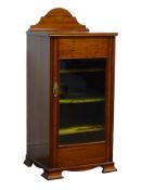 Edwardian satinwood banded mahogany music cabinet, raised back and top inlaid with shell ovals,