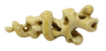 Japanese Meiji ivory Okimono carved has a Snake coiled around rock work, L6.