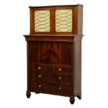 Regency rosewood secretaire cabinet with brass galleried top and two brass grilled doors,